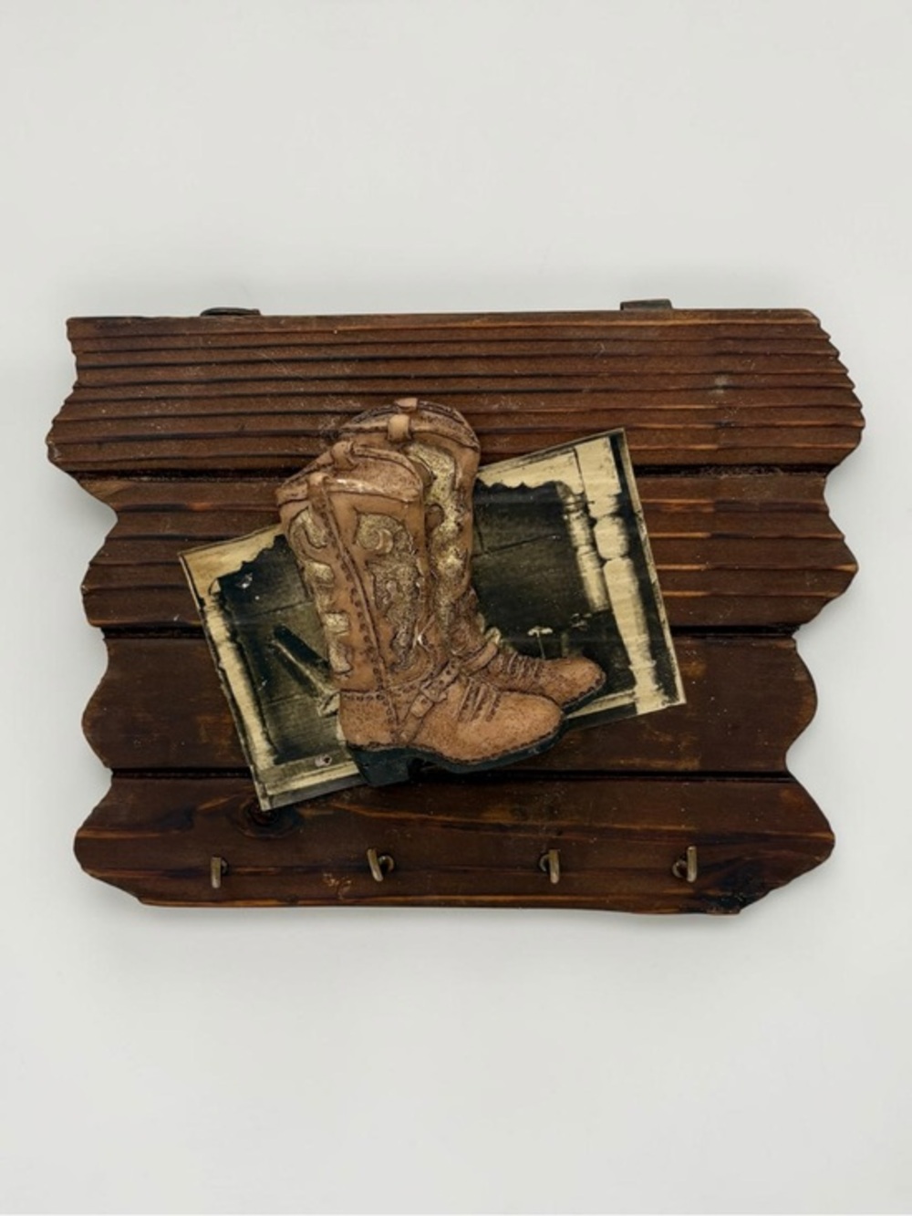 Vintage 1990s Rustic Wood Western Cowboy Boot Theme Key Rack w/ 4 hooks 6” Wide